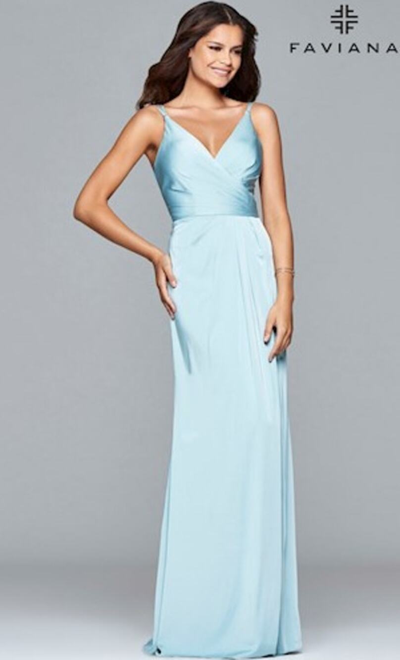 FAVIANA 7755 Satin Maxi Dress Ruched V-Neck Open Back Formal Prom Gown Aqua